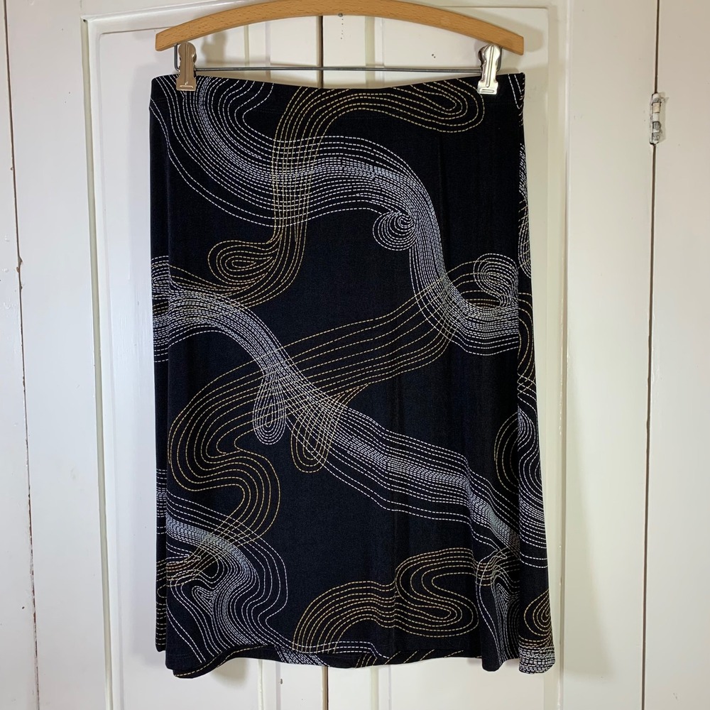 Calison‎ A-Line Midi Skirt Black Abstract Swirl Print XL Made USA Stretch Career